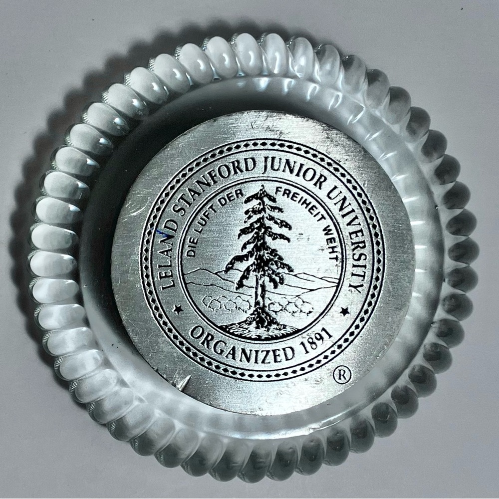 Vintage STANFORD UNIVERSITY Glass Paperweight / 3.75 Inches Wide / SOME DAMAGE